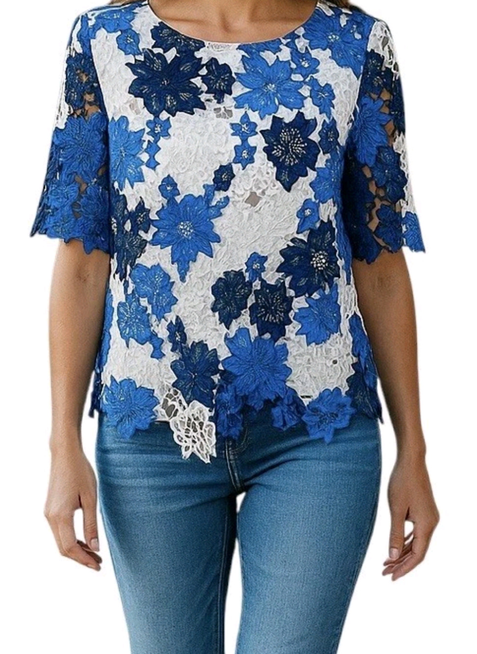 Chicos white blue open crocheted floral top Size 0/Sm Boho Spring Retro Cottage
